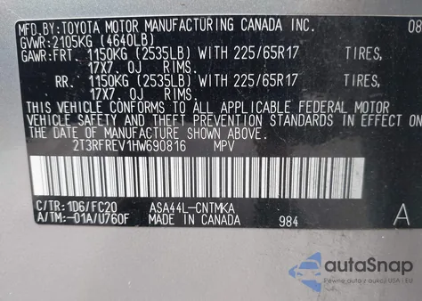 2017 Toyota Rav4 Xle z USA, uszkodzony, nr VIN 2T3RFREV1HW690816